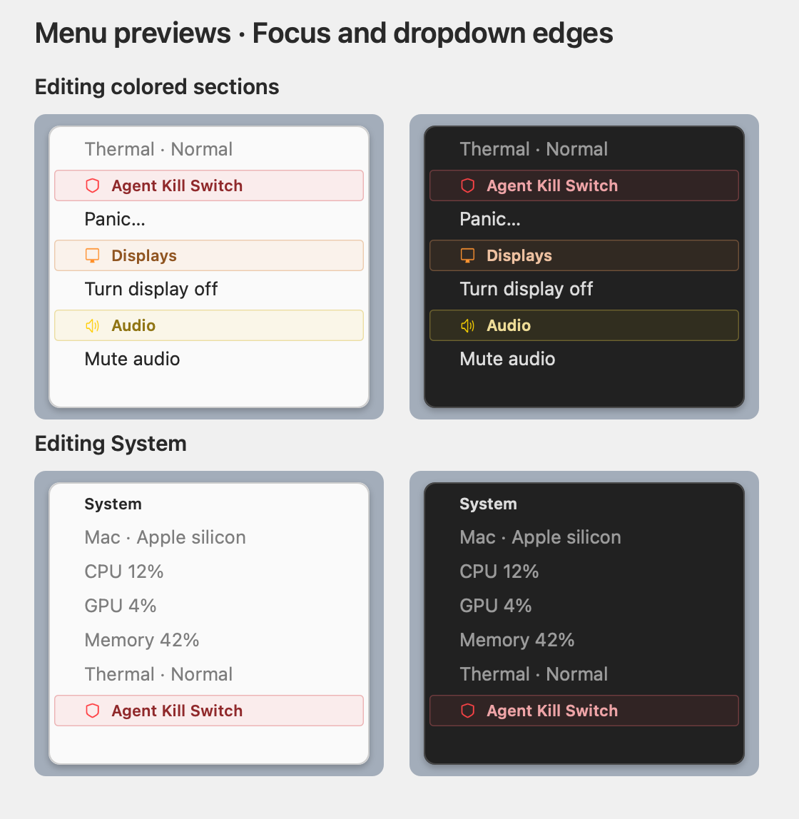 Perch menu rendered in light and dark mode, showing System, Agent Kill Switch, Displays, and Audio sections